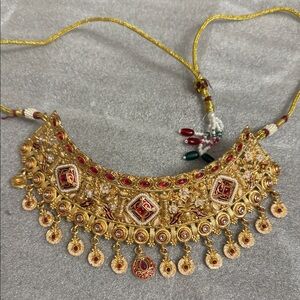 Gold and Red Necklace with Tikka and earrings Indian/pakistani wedding jewelry